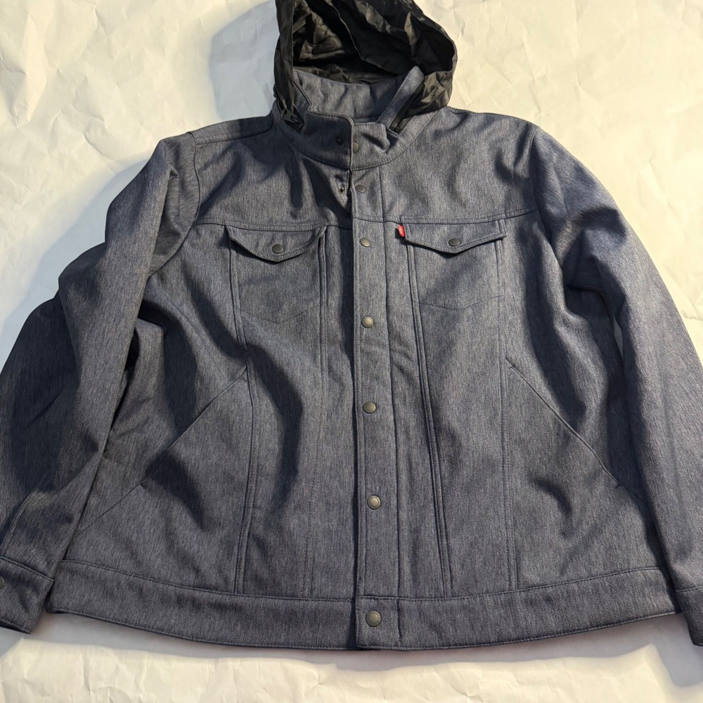 Levis Mens Soft Shell Hooded Jacket Water Resistant Fleece Lined Blue XXL
